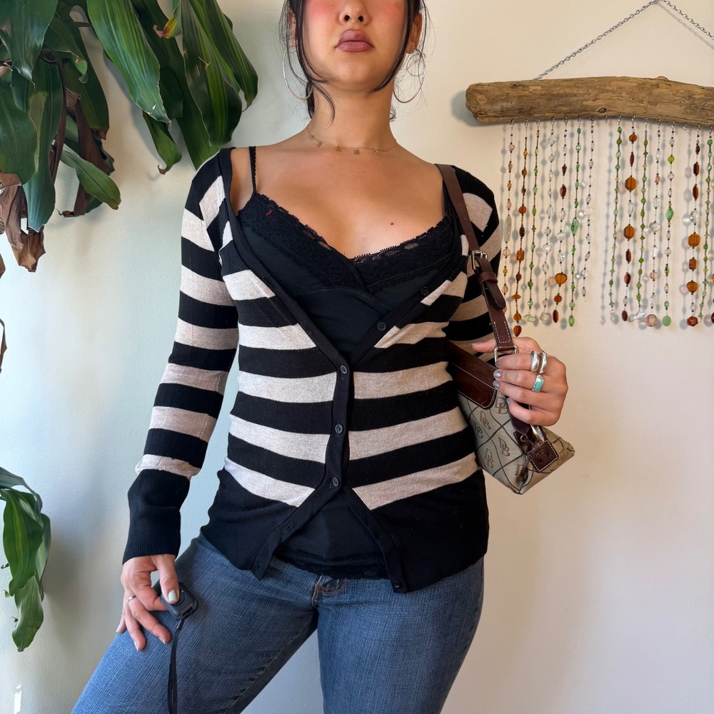 Windsor Black Tan Striped Long Cardigan Y2K Twee Indie Grunge  V-Neck Knit Top